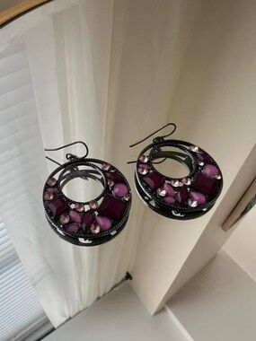 Women's Pink Crystal Hoop Dangle Earrings